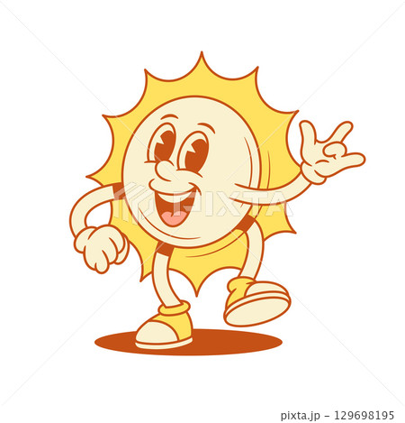Cheerful yellow sun cartoon character rock gesture contoured vector flat illustration 129698195