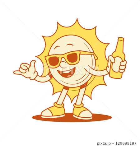 Cool relaxed yellow sun cartoon character with beer contoured vector flat illustration Cool relaxed yellow sun cartoon character with beer contoured vector flat illustration 129698197