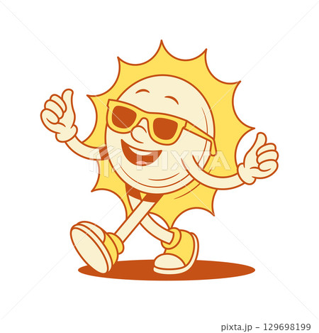 Cheerful yellow sun cartoon character cool thumb up contoured vector flat illustration 129698199