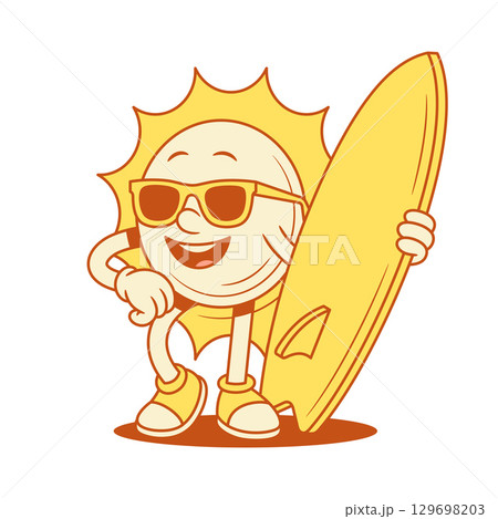 Smiling yellow sun cartoon character with surfboard contoured vector flat illustration 129698203