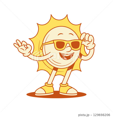 Cool comic yellow sun cartoon character thumb up contoured vector flat illustration 129698206