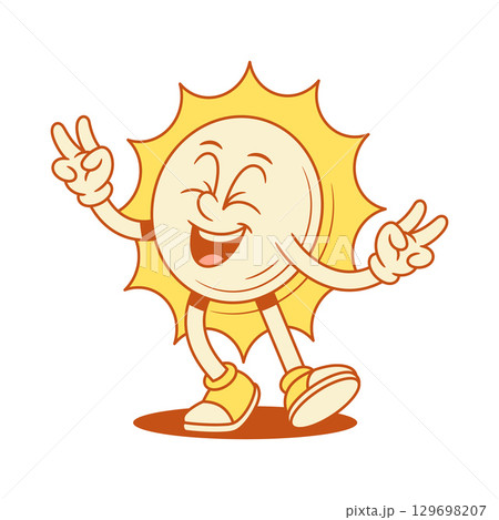 Overjoyed yellow sun cartoon character smiling contoured vector flat illustration 129698207