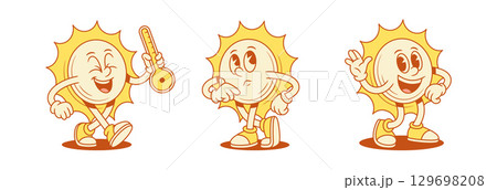 Funny yellow sun cartoon character set contoured vector flat illustration 129698208