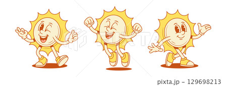 Overjoyed funny yellow sun cartoon character set contoured vector flat illustration Overjoyed funny yellow sun cartoon character set contoured vector flat illustration 129698213