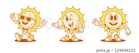 Funky happy comic yellow sun cartoon character set contoured vector flat illustration Funky happy comic yellow sun cartoon character set contoured vector flat illustration 129698222