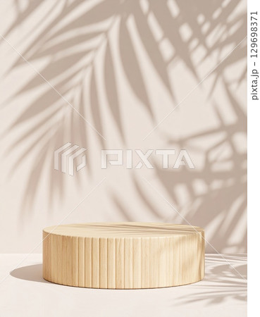Elegant Beige Podium with Palm Leaf Shadows for Product Display Stage 129698371