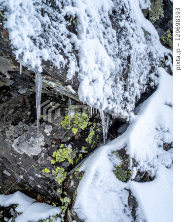 Winter Stone Rock with Icicles Snow and Moss in Cold Weather Condition 129698393