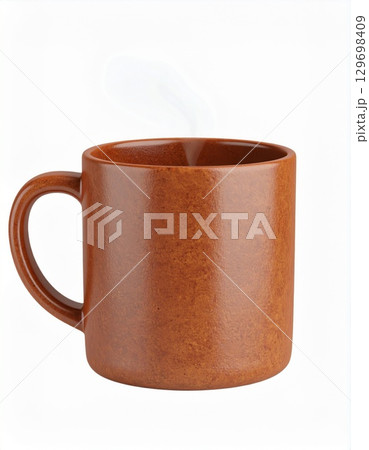 Earthen Brown Ceramic Mug with Rising Steam on White Plain Background 129698409