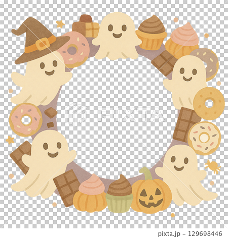 Illustration of a cute ghost and candy Halloween wreath 129698446