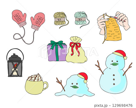 手書きの可愛い冬小物たちの線画アイコン・雪だるま・編み物・季節・カラー 手書きの可愛い冬小物たちの線画アイコン・雪だるま・編み物・季節・カラー 129698476