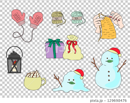 手書きの可愛い冬小物たちの線画アイコン・雪だるま・編み物・季節・カラー 手書きの可愛い冬小物たちの線画アイコン・雪だるま・編み物・季節・カラー 129698476