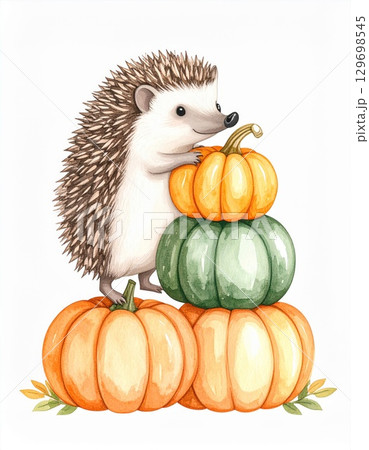Watercolor Hedgehog Stacking Pumpkins in Autumn Leaves Against White Background 129698545