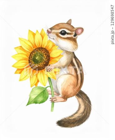 Watercolor Illustration of a Chipmunk Holding a Bright Yellow Sunflower on White Watercolor Illustration of a Chipmunk Holding a Bright Yellow Sunflower on White 129698547
