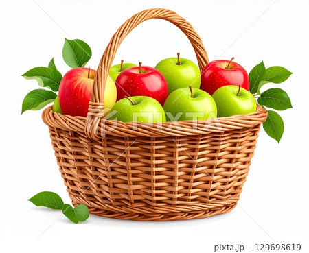 Basket Full of Red and Green Apples with Green Leaves on a White Background 129698619