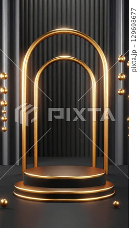 Elegant Golden Arches on Black Podium with Spheres for Product Display or Presentation Elegant Golden Arches on Black Podium with Spheres for Product Display or Presentation 129698677