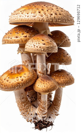 Detailed Cluster of Shaggy Scalycaps Mushrooms with Brown Mottled Caps on White Background Detailed Cluster of Shaggy Scalycaps Mushrooms with Brown Mottled Caps on White Background 129698712
