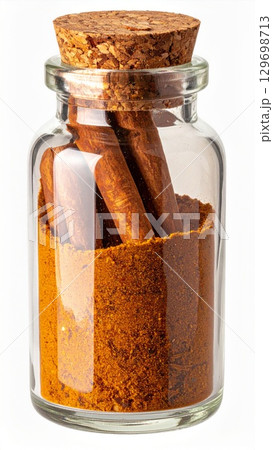 Cinnamon Sticks and Powder in Glass Jar with Cork Top Isolated on White Cinnamon Sticks and Powder in Glass Jar with Cork Top Isolated on White 129698713