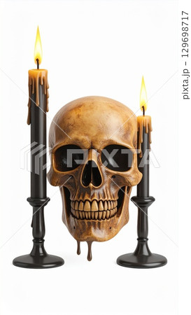 Skull with Dark Burning Candles on White Background in Studio Shot Still Life 129698717