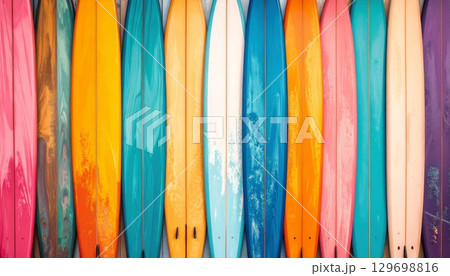 Row of Vibrant Surfboards Against a Weathered Wall in Bright Sunshine Colors 129698816