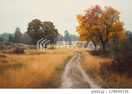 霧がかった森と黄葉 霧がかった森と黄葉 129699156