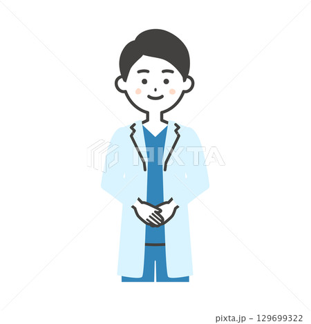 手を前で組むスクラブに白衣姿の男性医師イラスト 129699322