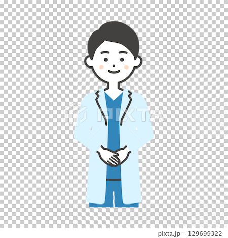 手を前で組むスクラブに白衣姿の男性医師イラスト 129699322