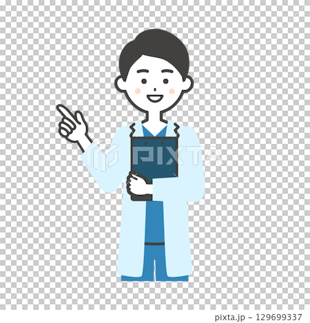Illustration of a male doctor in a scrub and white coat holding a document and pointing 129699337