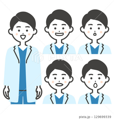 スクラブに白衣姿の男性医師あいうえおの口の形イラスト 129699339
