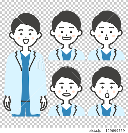 スクラブに白衣姿の男性医師あいうえおの口の形イラスト 129699339