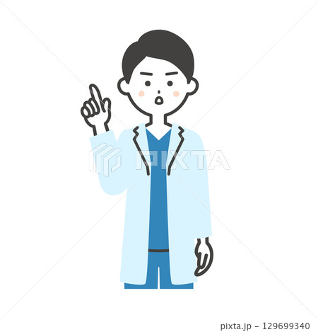 真剣な顔で指を立てるスクラブに白衣姿の男性医師イラスト 129699340