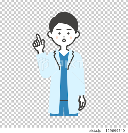 真剣な顔で指を立てるスクラブに白衣姿の男性医師イラスト 129699340