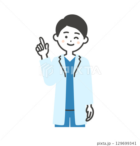 ウインクしながら指を立てるスクラブに白衣姿の男性医師イラスト 129699341