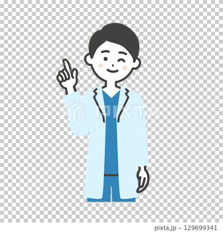 ウインクしながら指を立てるスクラブに白衣姿の男性医師イラスト 129699341