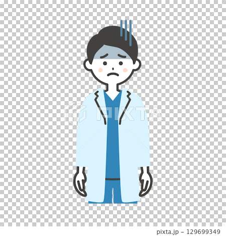 一位身穿手術服和白大褂、表情陰沉的男醫生的插圖 129699349