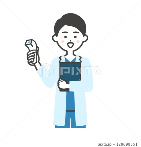体温計を持つスクラブに白衣姿の男性医師イラスト 129699351