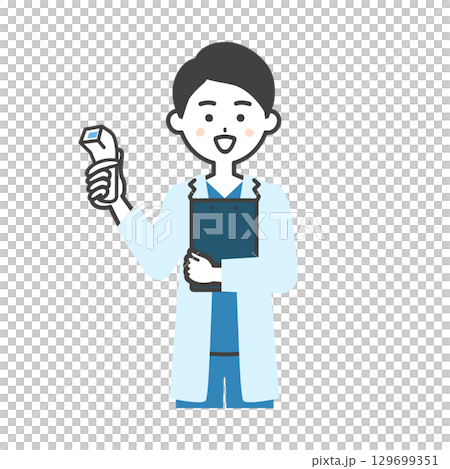 体温計を持つスクラブに白衣姿の男性医師イラスト 129699351