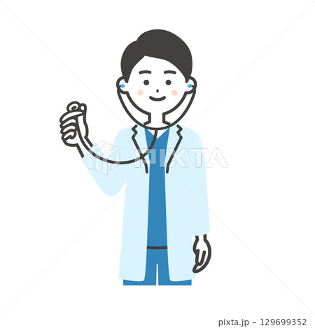聴診器を持つスクラブに白衣姿の男性医師イラスト 129699352