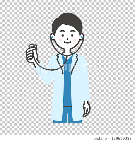 聴診器を持つスクラブに白衣姿の男性医師イラスト 129699352