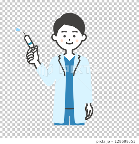一位身穿手術服和白大褂的男醫生手持注射器的插圖 一位身穿手術服和白大褂的男醫生手持注射器的插圖 129699353