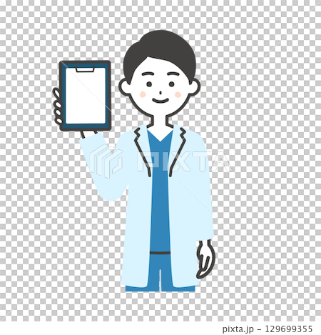Illustration of a male doctor in a scrub and white coat holding a binder 129699355