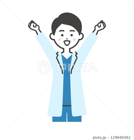 伸びをするスクラブに白衣姿の男性医師イラスト 129699362