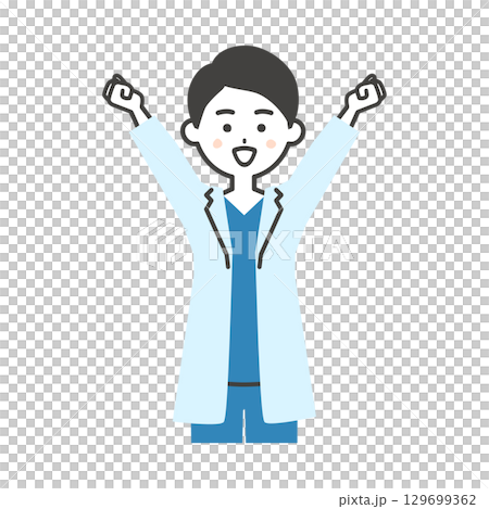 一位身穿白大褂和手術服的男醫生正在伸展身體的插圖 129699362