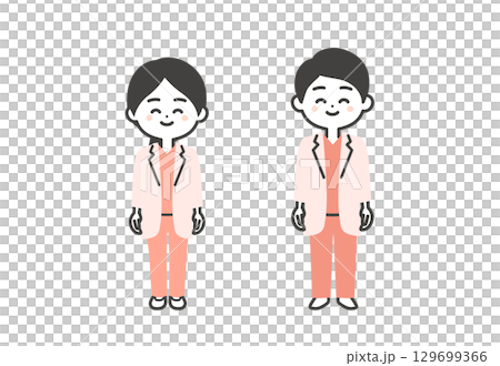Illustration of a three-headed male and female doctor wearing a scrub and white coat Illustration of a three-headed male and female doctor wearing a scrub and white coat 129699366