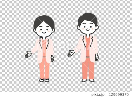 手で下の方を指すスクラブに白衣姿の3頭身男女医師イラスト 129699370