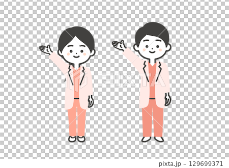 一位身穿手術服和白大褂的男醫生和女醫生朝上的三維插圖 129699371