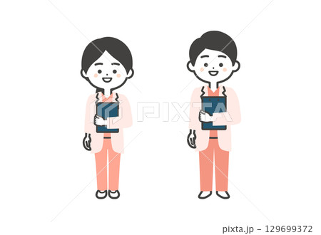 資料を抱えるスクラブに白衣姿の3頭身男女医師イラスト 資料を抱えるスクラブに白衣姿の3頭身男女医師イラスト 129699372