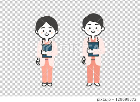 穿著手術服和白大褂、手持文件的三維男女醫生插圖 穿著手術服和白大褂、手持文件的三維男女醫生插圖 129699372