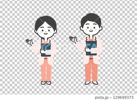 一位身穿手術服和白大褂的男醫生和女醫生拿著文件指著 129699373
