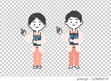 資料を抱えて指を差すスクラブに白衣姿の3頭身男女医師イラスト 129699374