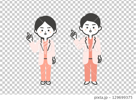 圖：一位身穿手術服和白大褂的立體男女醫生站在那裡，表情嚴肅 129699375